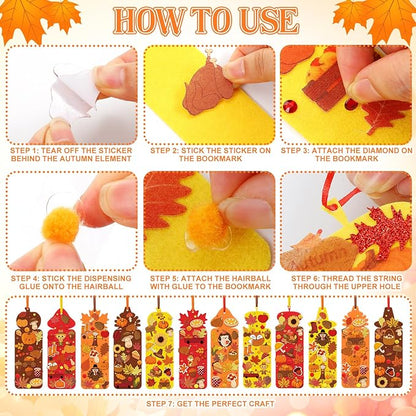 48 Sets Fall Bookmark Crafts Kits DIY Fall Felt Decorations Art Bulk 490 Pcs Thanksgiving Pumpkin Turkey Maple Leaf Craft Kit with Glitter Foam Stickers for Classroom Activities Autumn Party