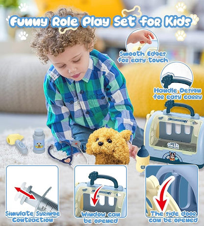 TEUVO Pet Care Playset Robot Dog Toys for Kids, 12Pcs Kids Vet Playset Toys Veterinarian Kit Doctor Kit & Interactive Electric Dog Plush & Cage Pretend Play Gifts for Girls Toddlers 3 4 5 6 7 Year Old