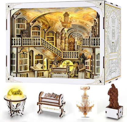 DIY Book Nook Kit for Adults, 3D Wooden Puzzle Bookend Bookshelf Insert Decor with LED Light and Dust Cover (Library of Gods Max)