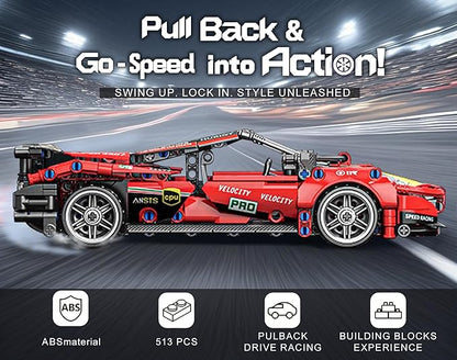 Sosuy Building-Block Race-Car Set, 1:18 Technical Model Kit 513 Pcs DIY Red Pull-Back Toy for Boy Girl Kid Age 6+ Year, Birthday Gift for Teen Adult Display, Speed Super Sports Cars Bricks Icons