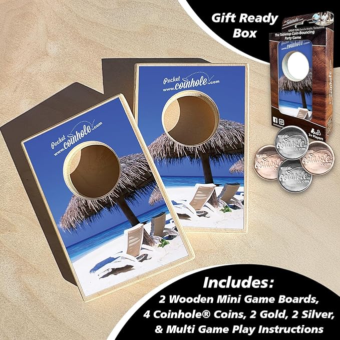 Coinhole Desktop Coin Bouncing Party Game Set | Tabletop Cornhole Board Game | Small Cornhole Travel Game Includes Coins