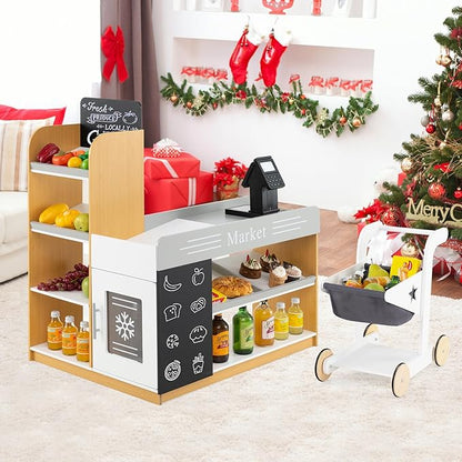 HONEY JOY Kids Grocery Store Playset, Wooden Play Store with Shopping Cart, Toddler Supermarket Checkout Stand w/Blackboard, Display Shelves, Grocery Store Pretend Play, Gift for Boys Girls, Natural