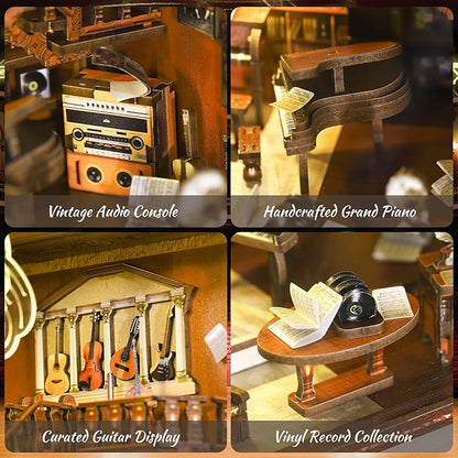 Book Nook Music Kit - DIY Miniature Dollhouse with LED Lights for Adults & Teens, Maestro's Study 3D Wooden Bookshelf Decor, for Family & Friends