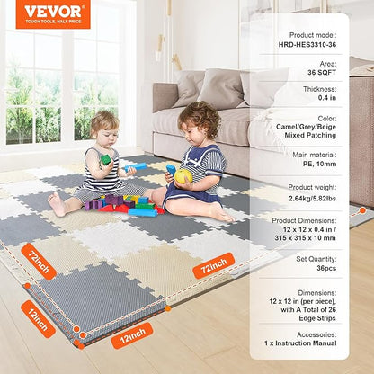VEVOR 36 Tiles Kids Play Mat, 0.4 Inch Toddler Play Mat with EVA Foam, 12" x 12" Puzzle Play Mat with 36 sq.ft Coverage, Interlocking Toddler Mats for Play Room, Nursery, Living Room, Camel&Gray&Beige