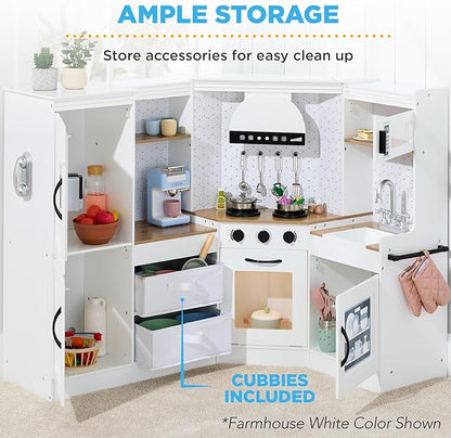 Best Choice Products Pretend Play Corner Kitchen, Ultimate Interactive Wooden Kids Playset w/Lights & Sounds, Ice Maker, Hood - White