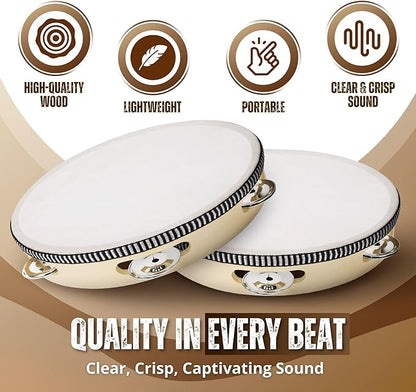 Flexzion Wooden Round Tambourine for Kids and Adults 10" Inch Single Row 8 Pair Jingles, Wood Handheld Percussion Instrument for Beginner and Professional Tambourine Player