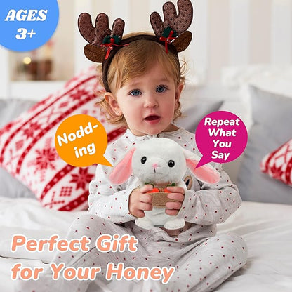 Hopearl Talking Bunny Repeats What You Say Rabbit with Carrots Nodding Electric Interactive Animated Toy Speaking Plush Buddy Gifts for Toddlers, White, 7''