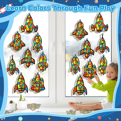 32 Sets Outer Space Rocket Suncatchers Craft Kit DIY Window Stained Glass Effect Space Theme Paper Crafts for Home School Classroom Decoration Kid Birthday Gifts Creative Art Projects Activity Game