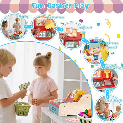 2025 Wooden Toy Cash Register for Kids,Rechargeable Counting Wood Cash Register Toys, Kids Cash Register with Scanner Realistic for Boy Girl Age 2-4 4-8, Pretend Toy Role-Playing Birthday Ideals Gift