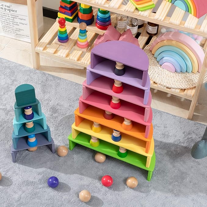 Wooden Pastel Semicircle Stacker Toys, 11Pcs Semicircle Pastel Rainbow Stacking Puzzle, Rainbow Building Blocks Board Set for Kids, Learning Creative Thinking Toys