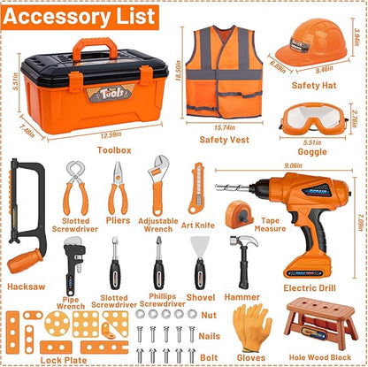 Kids Tool Set,MAGIC4U 50PCS Toddler Tool Set with Electronic Toy Drill,Tape Measure 12 Tool Equipements,Pretend Play Construction Coustume with Safety Vest Hat,Toy Tool Box for Kids Boy Girl Age 3-8