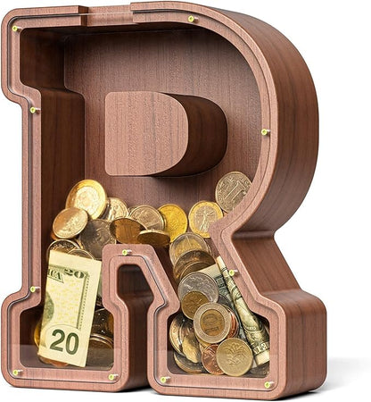 Summidate Wooden Letter Piggy Bank, Extra Thick Large Capacity Piggy Bank for Kids Boys Girls Toddler, Alphabet R Money Bank| Coin Box Birthday, Christmas, Festival