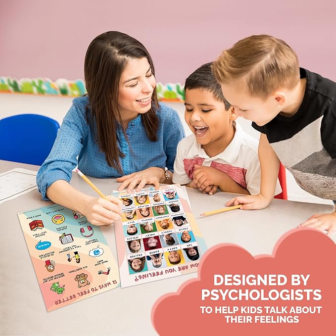 6 Laminated Feelings Posters for Kids - English & Spanish - Calm Down Corner Supplies - Therapy & School Counselor Supplies - Emotions Posters for Home and Calming Corner Classroom