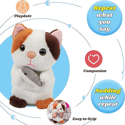 Hopearl Talking Kitty Repeats What You Say Cat with Fish Nodding Electric Interactive Animated Toy Speaking Plush Buddy Gifts for Toddlers, 7''