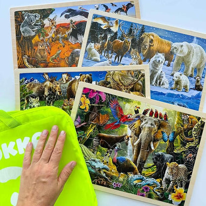 QUOKKA 4SET Puzzles for Kids Ages 4-6 - 36 Pcs Wooden Realistic Montessori Puzzles Ages 3-5 - Polar & Tropical Regions, Yellowstone & Australian Animals Learning Games for Boys and Girls 4-8 Year Old