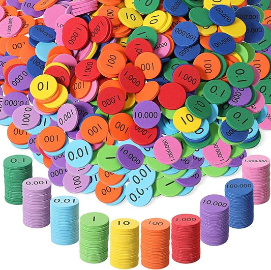 Kingdder Place Value Disks 10 Decimals to Whole Numbers Counting Chips for Kids Base 10 Place Value Manipulatives Math Counters Discs Set for Elementary School Math Supplies(2000 Pcs)
