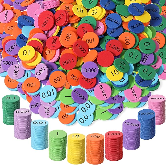 Kingdder Place Value Disks 10 Decimals to Whole Numbers Counting Chips for Kids Base 10 Place Value Manipulatives Math Counters Discs Set for Elementary School Math Supplies(3000 Pcs)