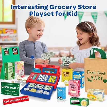 Calculator Cash Register Toy Gift for Kids Age 3, 4, 5, 6, 7, 8+ Year Old, 120 Pcs Grocery Store Playset with Microphone, Grocery Boxes, Credit Card, Red Play Cash Register for Toddlers Kids 4-8