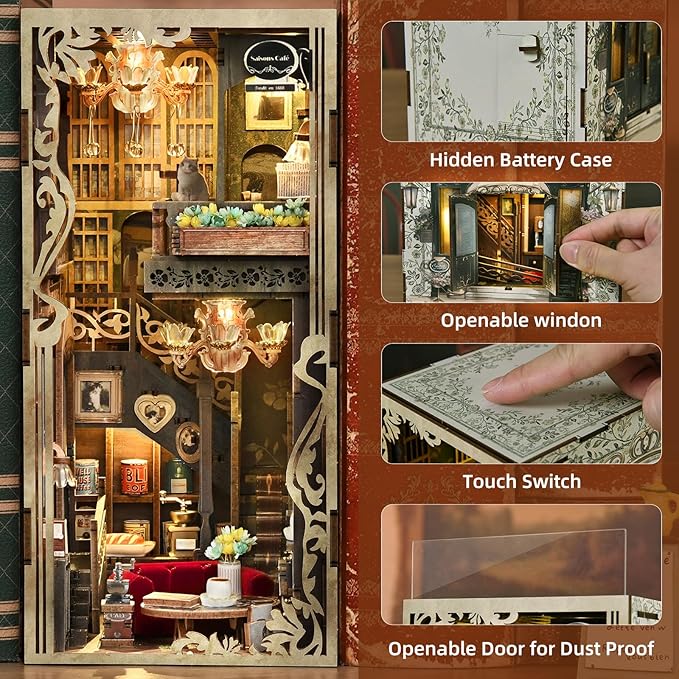 Book Nook Kits for Adults and Teens, DIY Miniature Dollhouse Kit 3D Wooden Puzzle Booknook Bookend with LED Light, Gifts for Family, Friends (Saison Café)