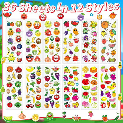 36 Sheets 3D Fruit Stickers for Kids (900+), Bulk Puffy Stickers with Funny Faces for Classroom, Crafts, Party Favors - Apple, Banana, Strawberry