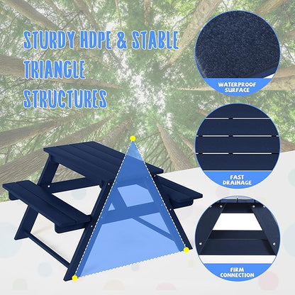 Costaelm Kids Picnic Table, HDPE All Weather Outdoor Toddler Picnic Table and Chair Set Kids Bench for Patio, Backyard, Garden, Lawn, Navy Blue