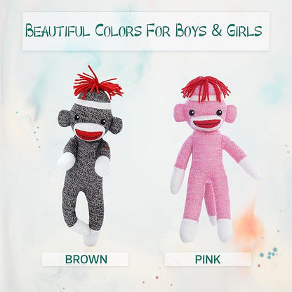 Adorable Sock Monkey 8 inch, The Original Traditional Hand Knitted Stuffed Animal Toy Gift-for Kids, Babies, Teens, Girls and Boys Baby Doll Present Puppet (Brown 8inch)