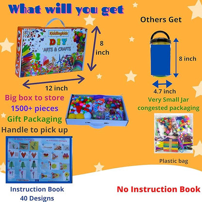 KiddlingKids Arts and Crafts Supplies Kits, DIY,Birthday Gifts, Home School, Toddler Kindergarten Activity Set, Pipecleaners, Pom Poms, Popsickle Sticks All in One for Boys and Girls Ages 4 5 6 7 8