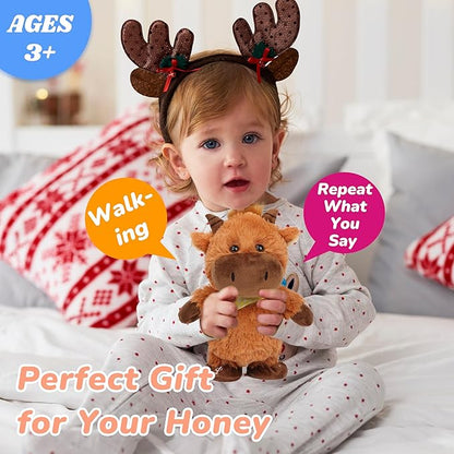 Hopearl Talking Highland Cow with Yellow Bib Repeats What You Say Walking Electric Interactive Animated Toy Speaking Plush Buddy Gifts for Toddlers, Brown, 9''