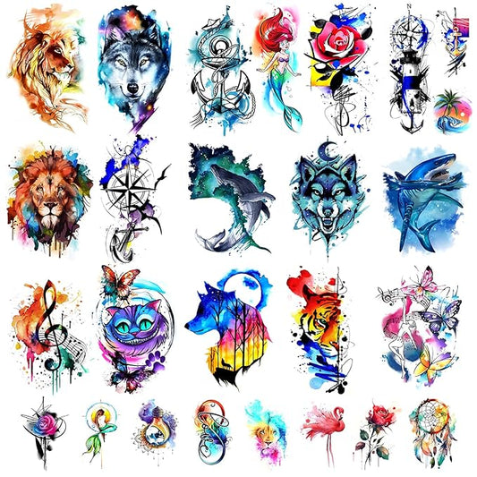 48 Watercolor temporary tattoos for adult and kids,Arm tattoo, body tattoo, watercolor lion wolf mermaid cat tiger,waterproof temporary tattoos realistic for women girls and kids, colourful