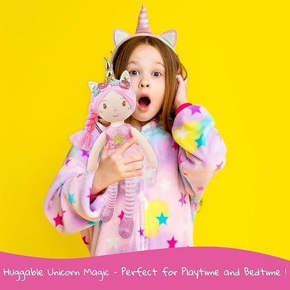 June Garden 16" Unicorn Doll Myra - Purple Hair Plush Rag Doll for Toddler Girls - Soft Companion Gift for 2+ Years - Blue Dress