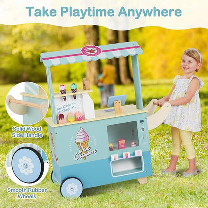 Costzon Ice Cream Cart, Wooden Grocery Store w/Vending Machine, Play Food, Display Rack & Shelves, Swivel Wheels, Push Handle, Ice Cream Truck, Market Stand Pretend Playset for Kids Ages 3+ (Green)