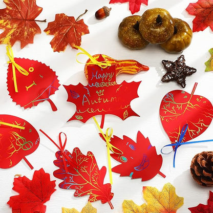 BBTO 50 Pieces Scratch Fall Leaves Colorful Scratch Leaves Paper with Ribbons and Wooden Stylus for Thanksgiving Harvest Party(Red)