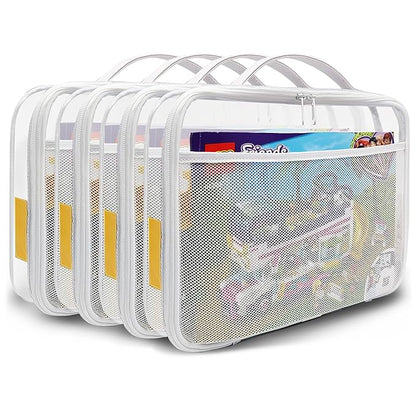 holay 4 Packs PVC Zippered Blocks Set, Toy, Clay, Board game Storage Organizer Case (Name Tag, Manual Pocket) (White, Large)