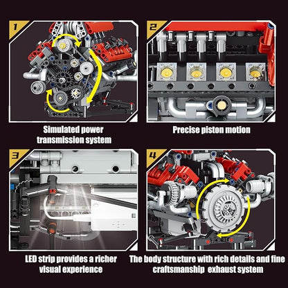 Sports Car Engine Building Blocks Kit,V8 Engine Model That Work Toy,with Motor, LED Light & APP Control for 6+ Years Kids Adults (660 Pieces)