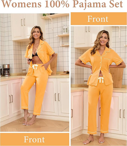 CF Womens 100% Cotton Pajamas Set Button Down Pjs Sets Short Sleeve Top & Long Pants Sleepwear Comfy Loungewear with Pockets