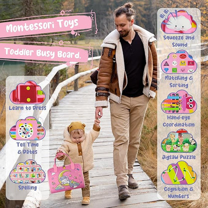 TenFans Montessori Busy Board for Toddlers 3-5 Years - Sensory Toys for Fine Motor Skills - Felt Travel Activity Board with Zipper
