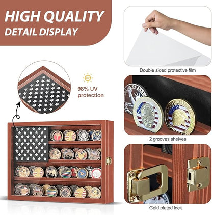 Challenge Coin Display Case, Lockable Solid Wood Military Coin Holder Cabinet with Star Flag Board and Anti-Fade Acrylic Front, Wall Mounted 4-Tier Coin Collection Shadow Box Rack (Brown)