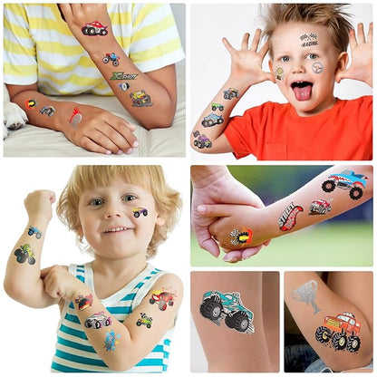 75 PCS Truck Temporary Tattoos for Kids, Groovy Metallic Styles Tattoos for Truck Wheels Birthday Party Supplies Racing Car Checkered Flag Trophy Flame Fake Tattoo Stickers for 5 6 7 8 Years Old Boys