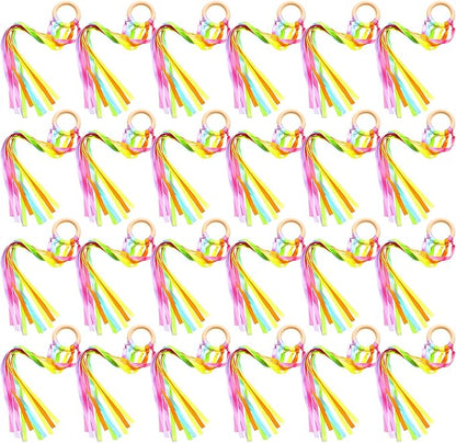 Junkin Ribbon Rings Hand Kite Waldorf Toys Dancing Wrist Ribbons Rainbow Streamers with Wood Ring Educational Toy for Playroom Dancing Birthday Party Gift(Fresh,24 Pcs)
