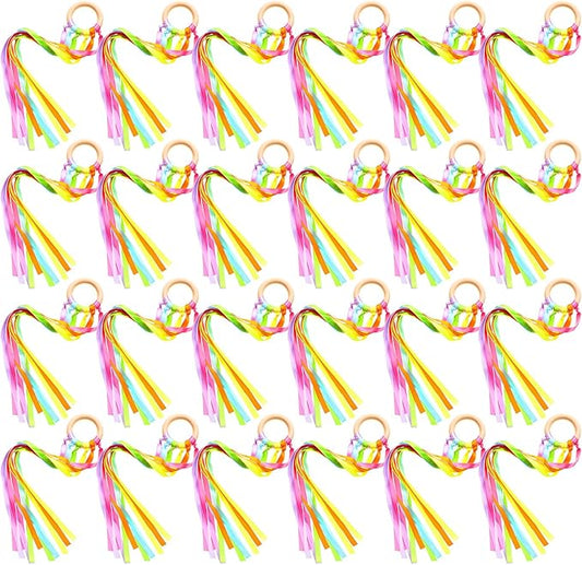 Junkin Ribbon Rings Hand Kite Waldorf Toys Dancing Wrist Ribbons Rainbow Streamers with Wood Ring Educational Toy for Playroom Dancing Birthday Party Gift(Fresh,24 Pcs)