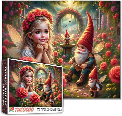 Tucocoo Elf Girl 1000 Piece Jigsaw Puzzle for Adults, Fairy Garden with Gnomes and Roses, Whimsical Fantasy Scene Puzzles for Relaxation and Home Decor, Challenging Puzzle Gift for Women, Teens