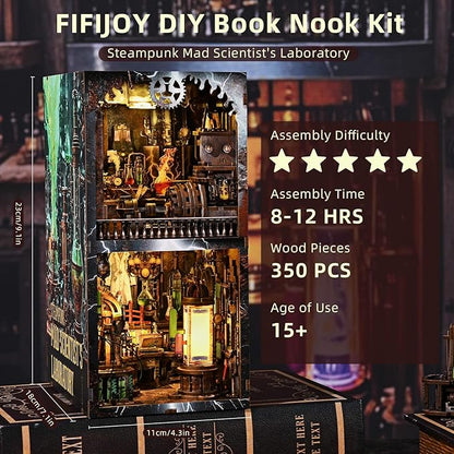Book Nook Kit - DIY Miniature House Dollhouse Kit for Adults and Teens, Steampunk Booknook Tiny House Bookshelf Decor 3D Wooden Puzzle (Mad Scientist Lab)