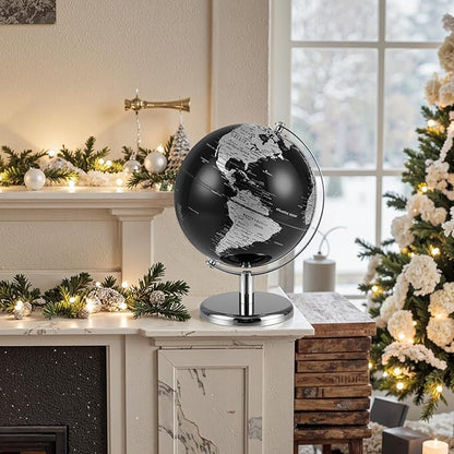 8" World Globe, Black Earth Globe with Silver Accents, Metal Stand, Non-slip Base & Time Zone, Decorative Tabletop Desk Globes for Classroom, Office & Home