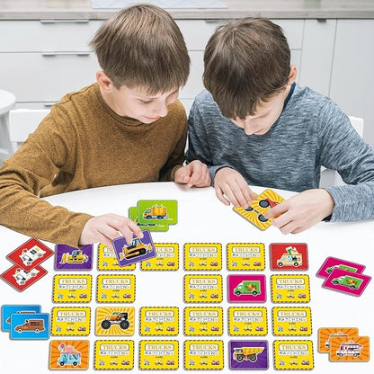 gisgfim 50 Pairs Memory Matching Game Trucks Concentration Memory Card Games for Kids Preschool Educational Ages 3-8 A Fun & Fast Vehicle Theme Matching Games