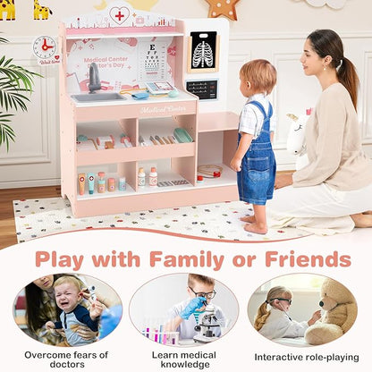 HONEY JOY Kids Wooden Doctor Play Set, 2 In 1 Checkup Medical Office Center & Vet Clinic Station, Exam Area & Interactive Accessories, X-Ray, Toddler Pretend Hospital Playset Kit for Boys Girls (Pink)