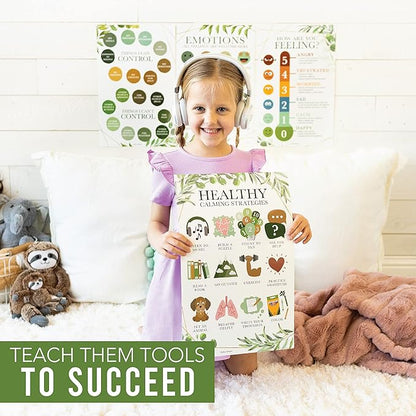Hadley Designs Feelings Chart For Kids Ages 4-8 - Emotions Chart For Toddlers 3-5, Counseling Feelings Posters For Classroom Calming Corner, Social Emotional Learning Posters, Greenery Classroom Decor