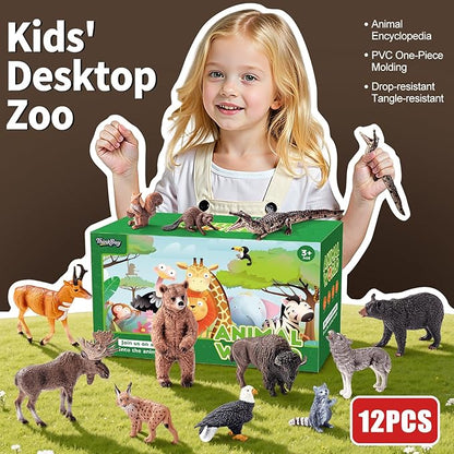 12PCS Large North American Animal Figurines, Realistic Safari Woodland Jungle Animals Figures Toys Includes Crocodile,Wolf,Bear,Deer Cake Toppers Birthday Gift Party Favors Toys for Toddlers