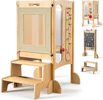 FlyingBoom Toddler Standing Tower, Foldable Kitchen Stool Helper with 2 Step Stool, Toddler Tower for Kids with Safety Net, Adjustable Height, Chalk-Whiteboard &Montessori Activity Games