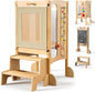 FlyingBoom Toddler Standing Tower, Foldable Kitchen Stool Helper with 2 Step Stool, Toddler Tower for Kids with Safety Net, Adjustable Height, Chalk-Whiteboard &Montessori Activity Games