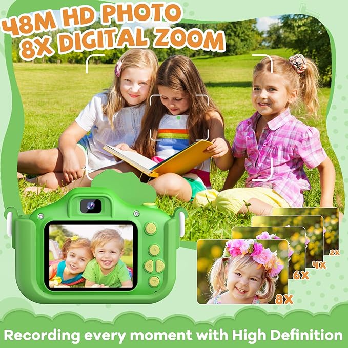 Upgraded 48MP Kids Camera for Girls Boys 3-12, Video Selfie Camera-Christmas Birthday Dinosaur Gift for Toddler, HD Digital Camera Toy for Child with 32GB SD Card & Silicone Cover (Green)